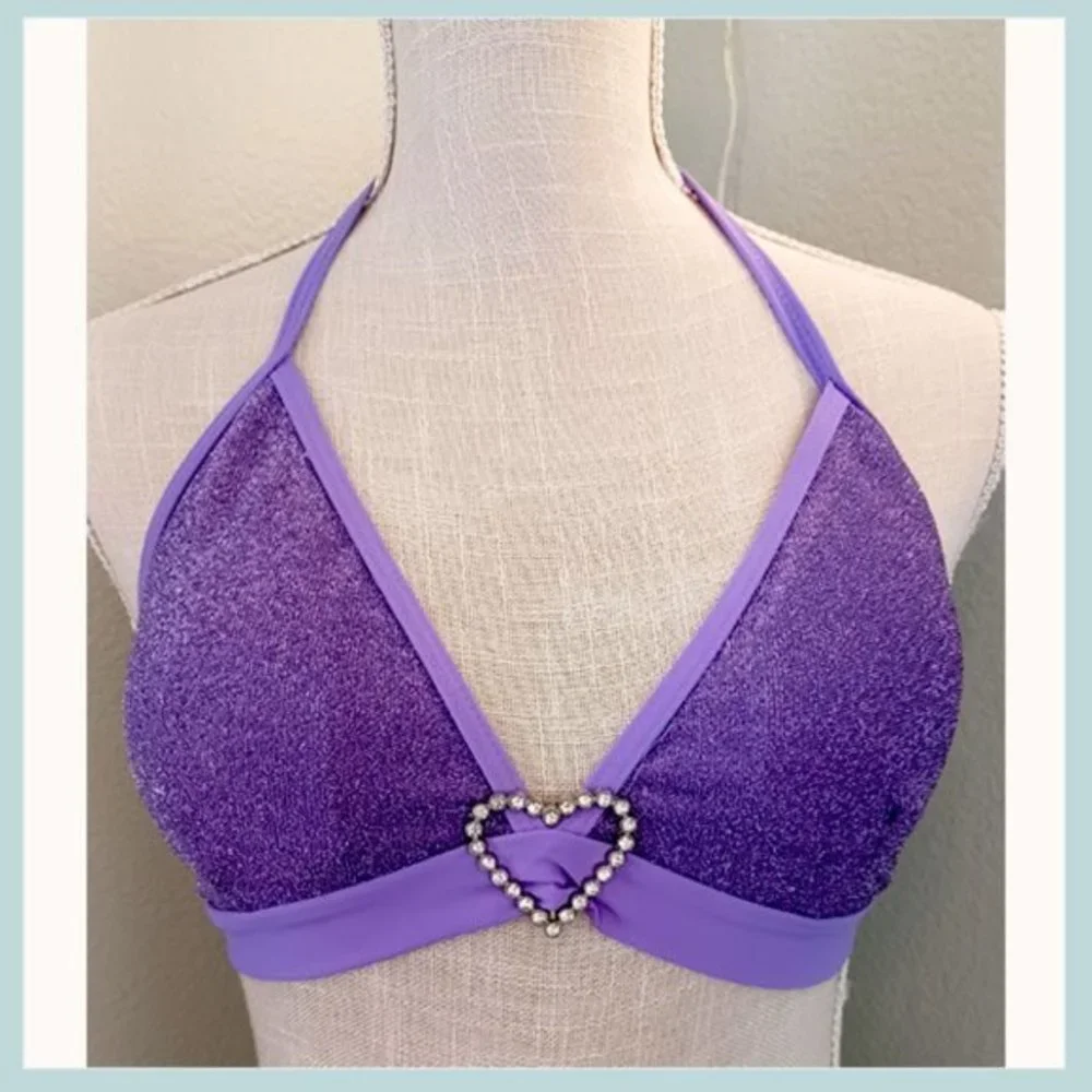 Purple Heart Glitter Bikini Top Size M/L, Triangle Bikini Top with Heart Pin - Picture 2 of 7